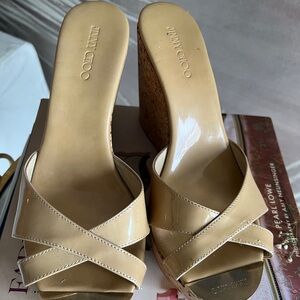 Jimmy Choo Beige Patent Wedge Sandals